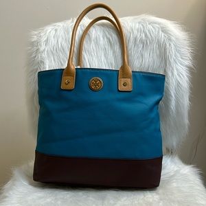 Tory Burch turquoise & brown tote